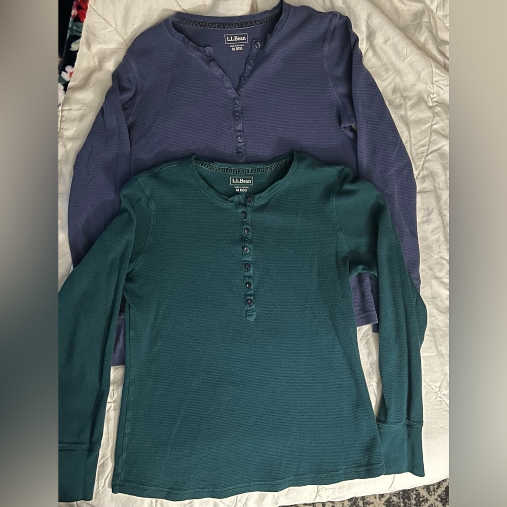 L.L.Bean Women's Waffle-Knit Henley - Set of 2 - SZ Medium - Blue and Green/Teal